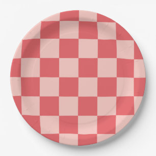 Pink Red Checkered Gingham Pattern Paper Plates