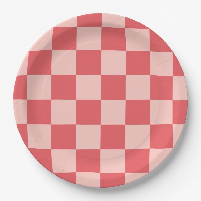 Pink Red Checkered Gingham Pattern Paper Plates (Front)
