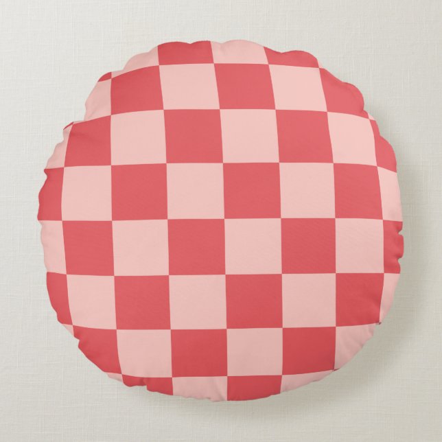 Pink Red Checkered Gingham Pattern Round Pillow (Front)