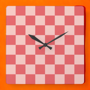 Pink Red Checkered Gingham Pattern Square Wall Clock