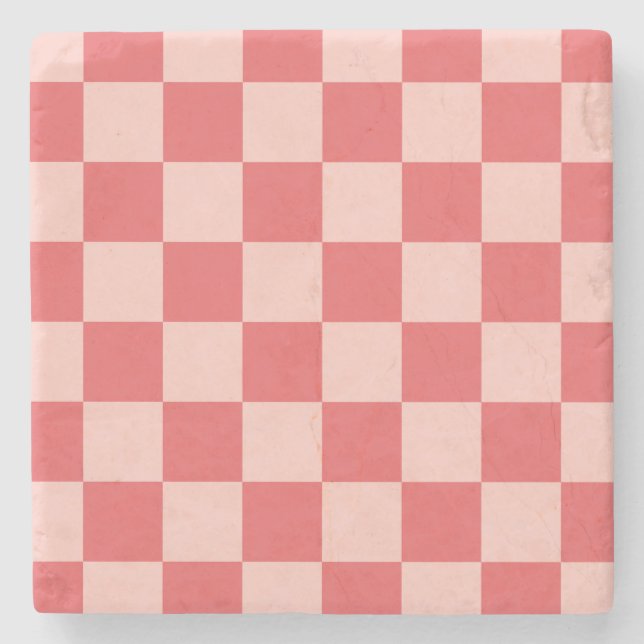 Pink Red Checkered Gingham Pattern Stone Coaster (Front)