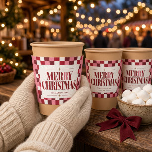 Pink & Red Checkered Merry Christmas Coffee Cup Sleeve
