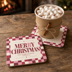Pink & Red Checkered Merry Christmas Square Paper Coaster