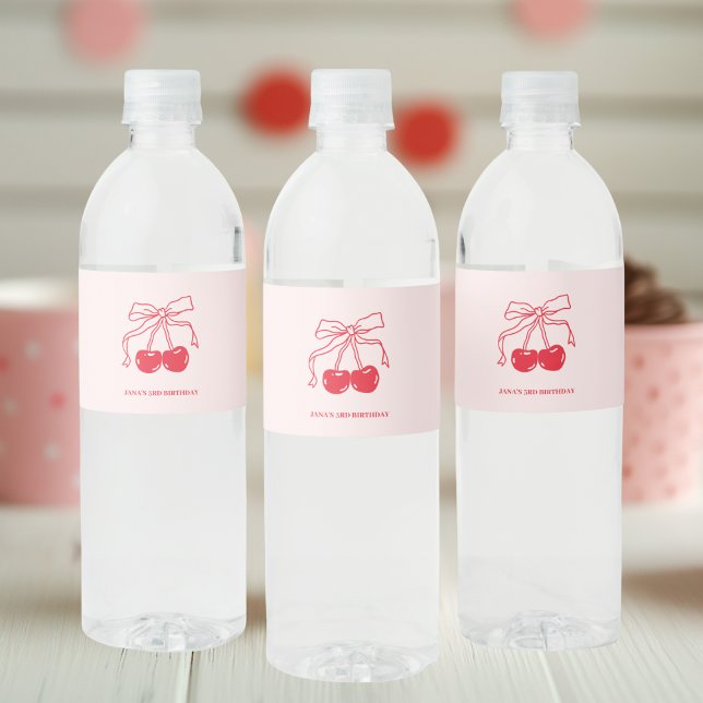 Pink & Red Cherry Birthday  Water Bottle Label (Creator Uploaded)