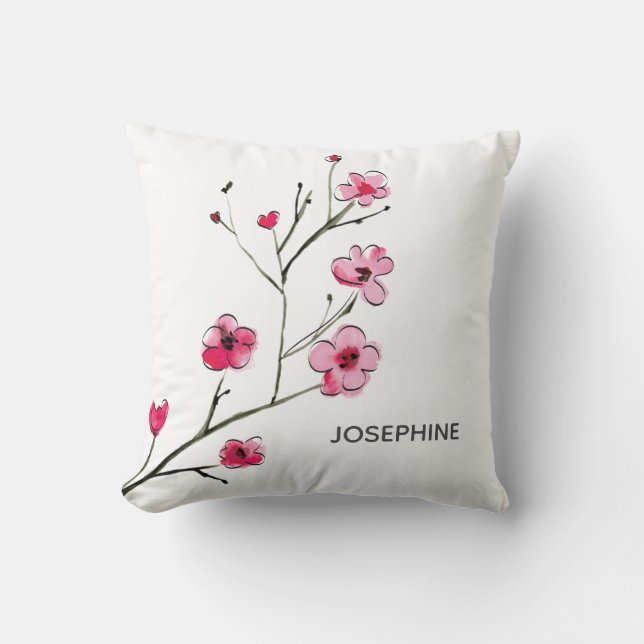 Pink Red Cherry Blossom watercolor flowers custom Throw Pillow (Front)