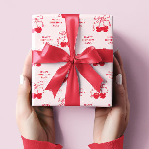 Pink & Red Cherry Happy Birthday  Wrapping Paper