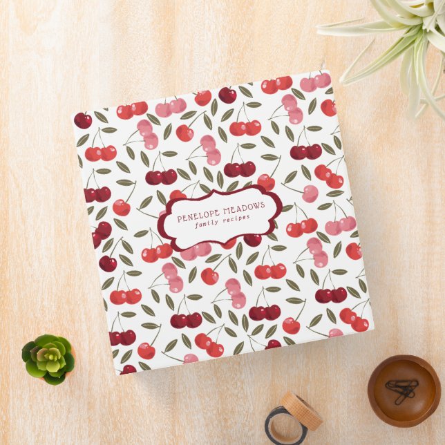 Pink & Red Cherry Pattern | Family Recipes 3 Ring Binder (In Situ)