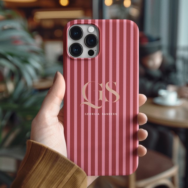 Pink & Red | Chic Stripes Monogram  Case-Mate iPhone Case (Creator Uploaded)