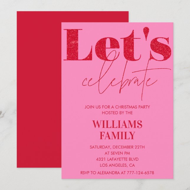 Pink Red Christmas Party  Let's celebrate Invitation (Front/Back)