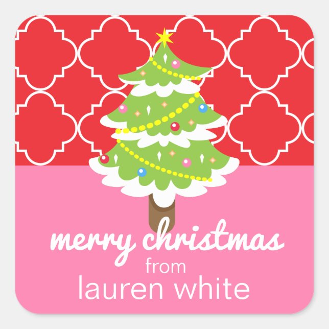 Pink & Red Christmas Tree Gift Stickers (Front)