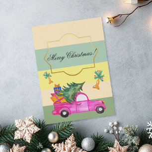 Pink Red Christmas Trunk Watercolor Art Holiday Card