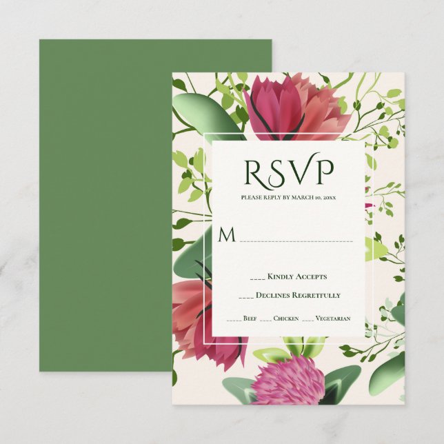 Pink & Red Clover Floral Greenery Wedding RSVP Card (Front/Back)