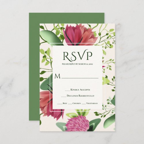 Pink  Red Clover Floral Greenery Wedding RSVP Card