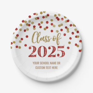 Pink Red Confetti Graduation 2025 Paper Plates