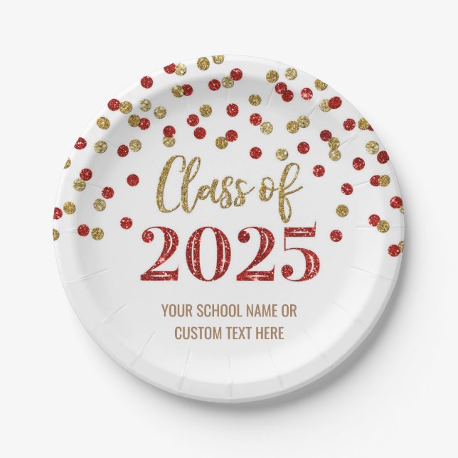 Pink Red Confetti Graduation 2025 Paper Plates (Front)