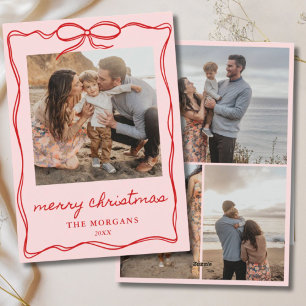 Pink & Red Coquette Bow Christmas 4 Photo Family Holiday Card