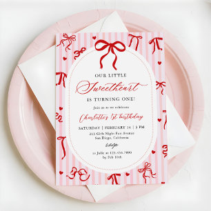 Pink Red Coquette Bow Valentine 1st Birthday Invitation