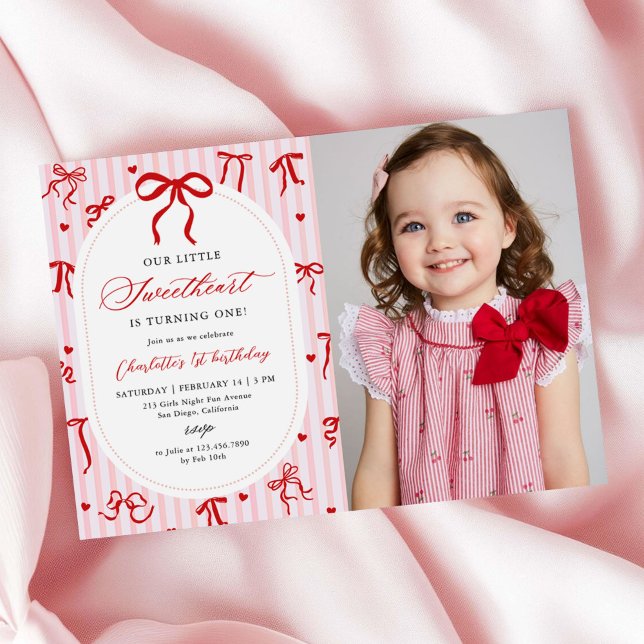Pink Red Coquette Bow Valentine 1st Birthday Photo Invitation (Creator Uploaded)