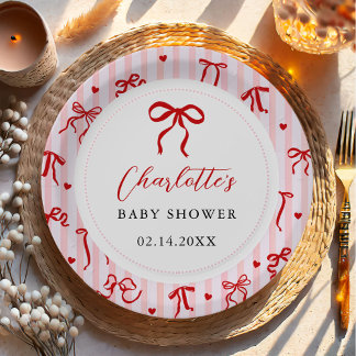 Pink Red Coquette Bow Valentine Baby Shower Paper Plates
