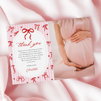 Pink Red Coquette Bow Valentine Baby Shower Photo Thank You Card