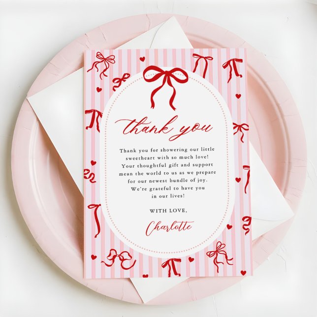 Pink Red Coquette Bow Valentine Baby Shower Thank You Card (Creator Uploaded)
