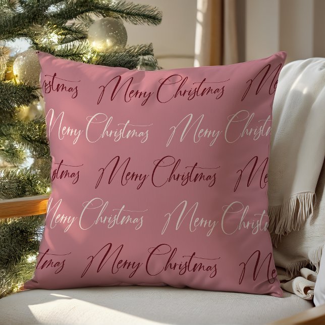 Pink Red Cream Script Pattern Merry Christmas  Throw Pillow (Creator Uploaded)