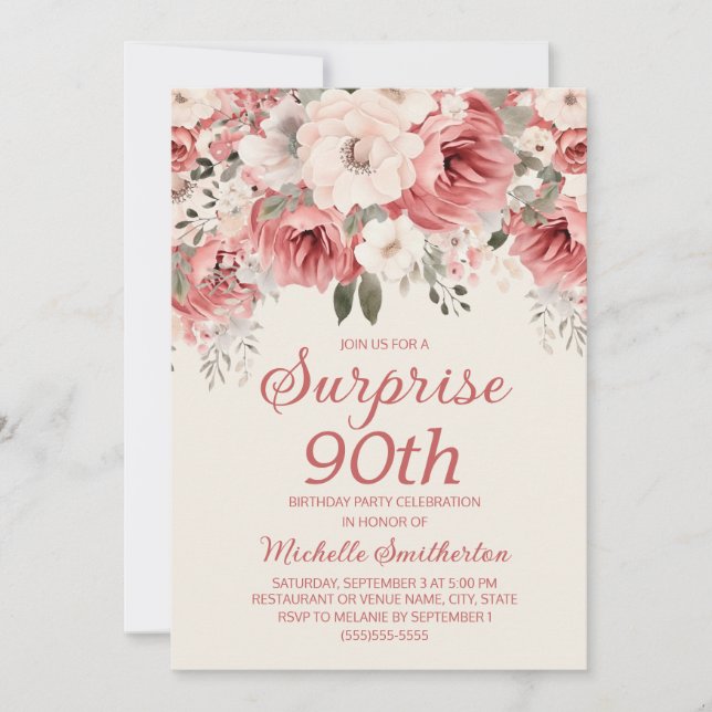 Pink Red Cream Watercolor Floral Surprise 90th  Invitation (Front)