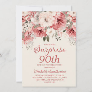 Pink Red Cream Watercolor Floral Surprise 90th Invitation