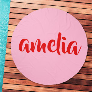 Pink red custom name bold colorful script beach towel