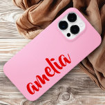 Pink red custom name bold script Case-Mate iPhone 14 pro max case<br><div class="desc">Phone cover featuring your name in a red script font on a pink background. Bold and colorful design.</div>