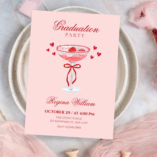 Pink red cute bow cocktail graduation invitation (Creator Uploaded)