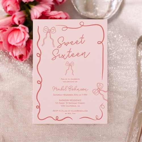 Pink red cute bows ribbons illustrations Sweet 16 Invitation