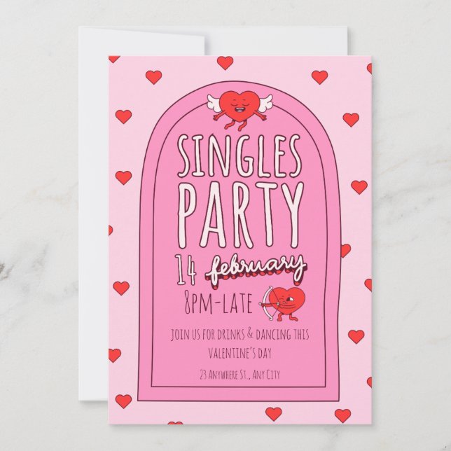 Pink & Red Cute Singles Valentine's Day Party  Holiday Card (Front)