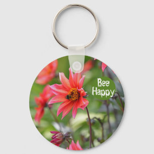 Pink & Red Dahlia Bee Happy Flowers Motivational Keychain