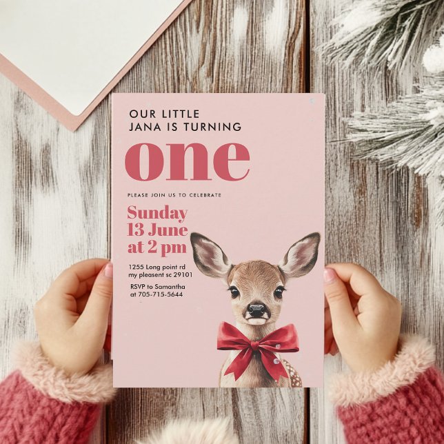 Pink & Red Deer Birthday | Winter Woodland Party Invitation (Creator Uploaded)