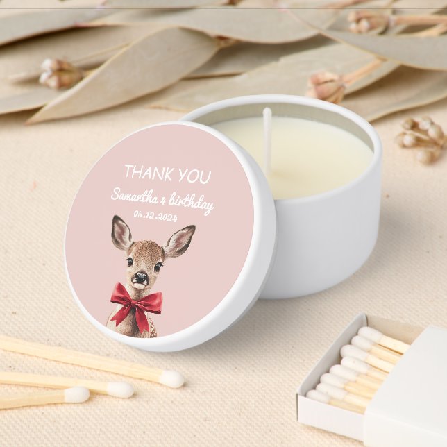 "Pink & Red Deer Thank You | Woodland Birthday Mini Candle Favors (Insitu)