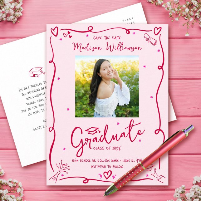 Pink Red Doodles Graduation Save the Date Photo Invitation Postcard (Creator Uploaded)