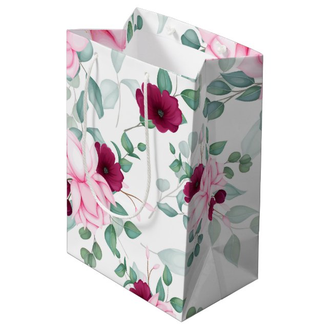pink red elegant floral medium gift bag (Back Angled)