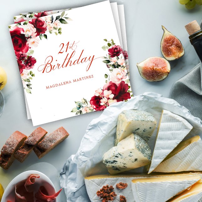 Pink Red Floral 21st Birthday Custom Cocktail Napkins (Creator Uploaded)