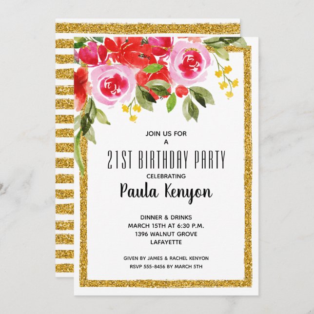 Pink Red Floral 21st Birthday Glitter Invitations (Front/Back)