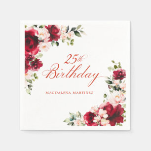 Pink Red Floral 25th Birthday Custom Cocktail Napkins