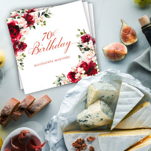Pink Red Floral 70th Birthday Custom Cocktail Napkins