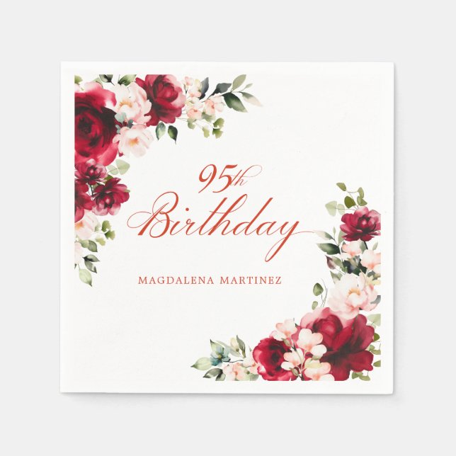 Pink Red Floral 95th Birthday Custom Cocktail Napkins (Front)