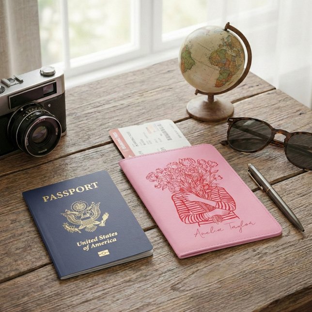 Pink Red Floral Art Doodle Trendy Personalized Passport Holder (Creator Uploaded)