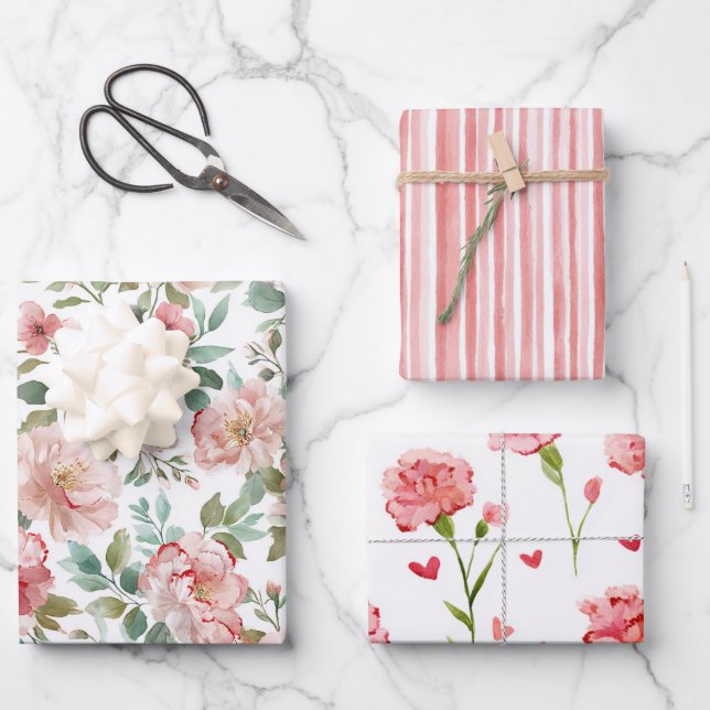 Pink Red Floral Birthday Love Wrapping Paper Sheets (Front)