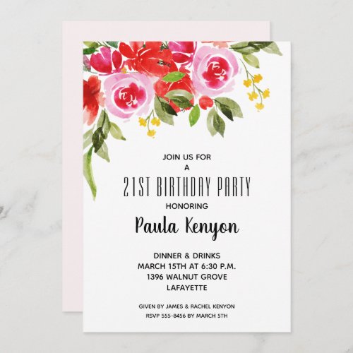 Pink Red Floral Birthday Party Invitations