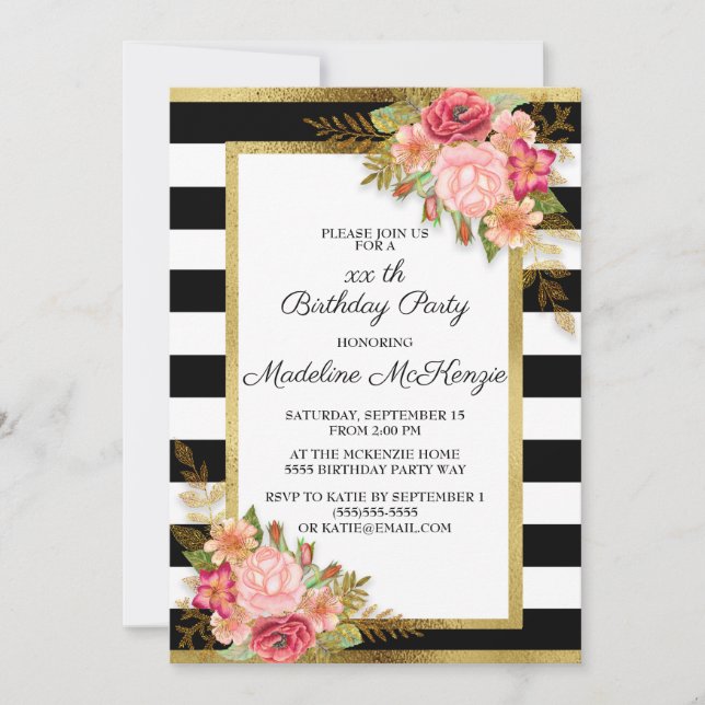 Pink Red Floral Black White Stripes Gold Birthday Invitation (Front)