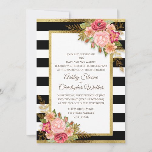 Pink Red Floral Black White Stripes Gold Wedding Invitation