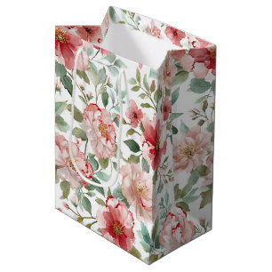 Pink Red Floral Bridal Shower Medium Gift Bag