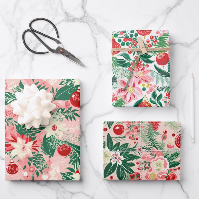 Pink Red Floral Christmas Wrapping Paper Sheets (Front)